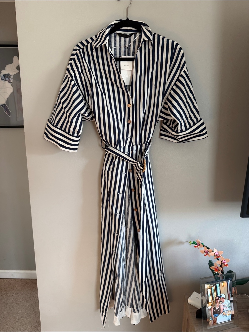 Zara Navy and White Striped Maxi Shirt Dress